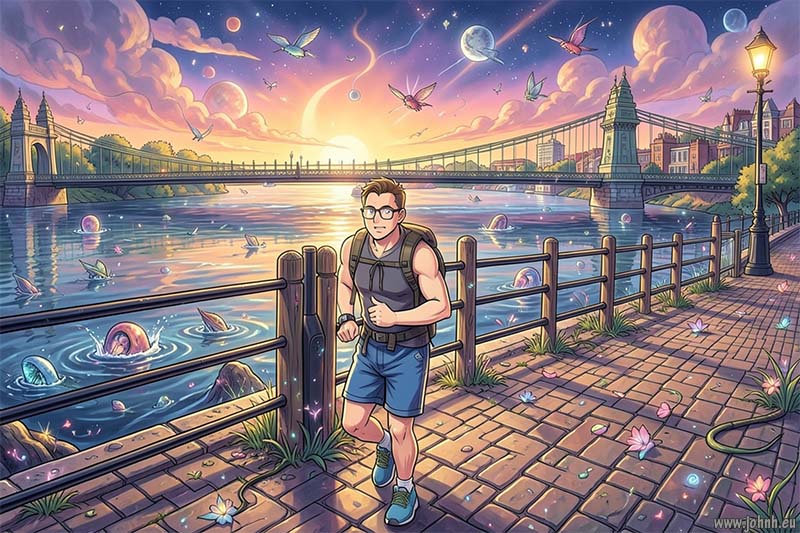 Cartoon of JHB running the Thames Path